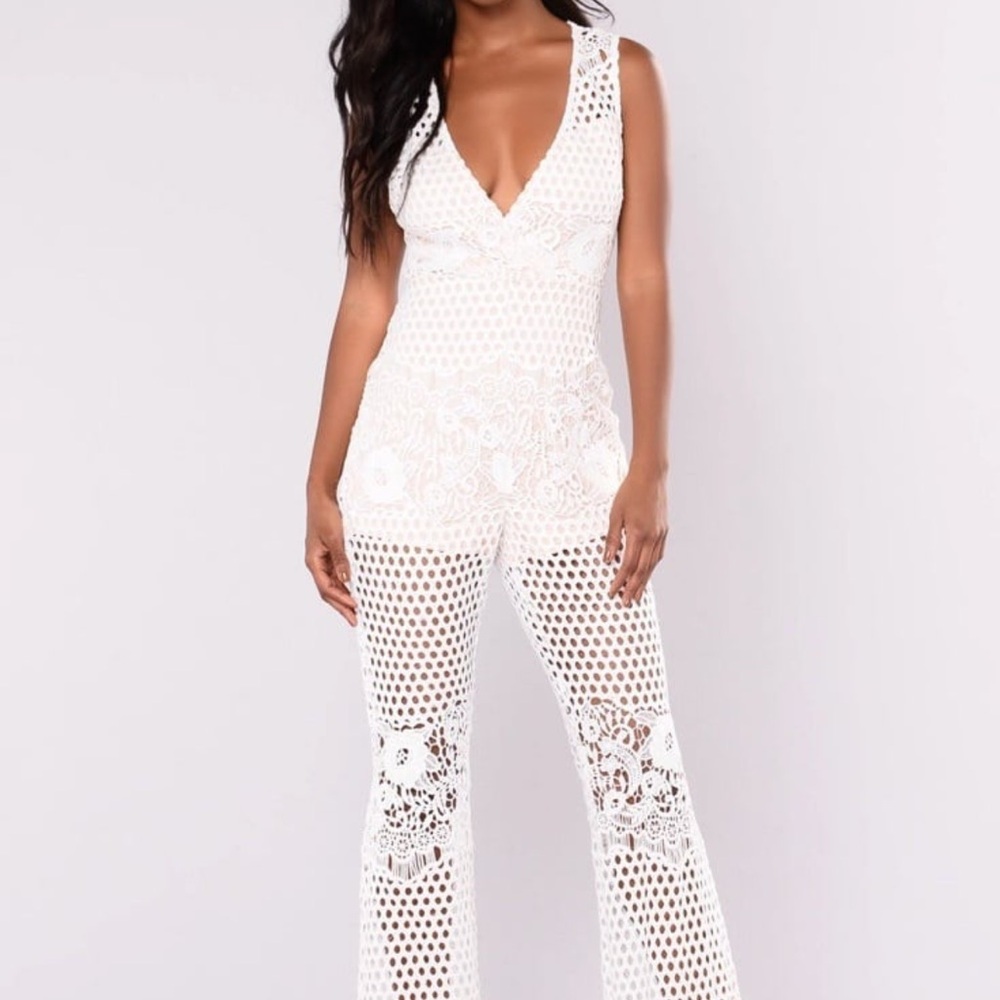 Fashion Nova White Crochet Lace V-Neck Jumpsuit
